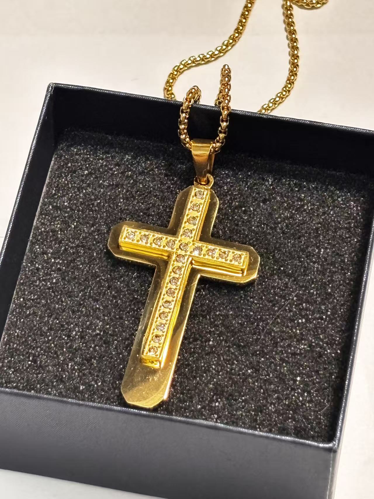 金色砖石不锈钢十字架吊坠